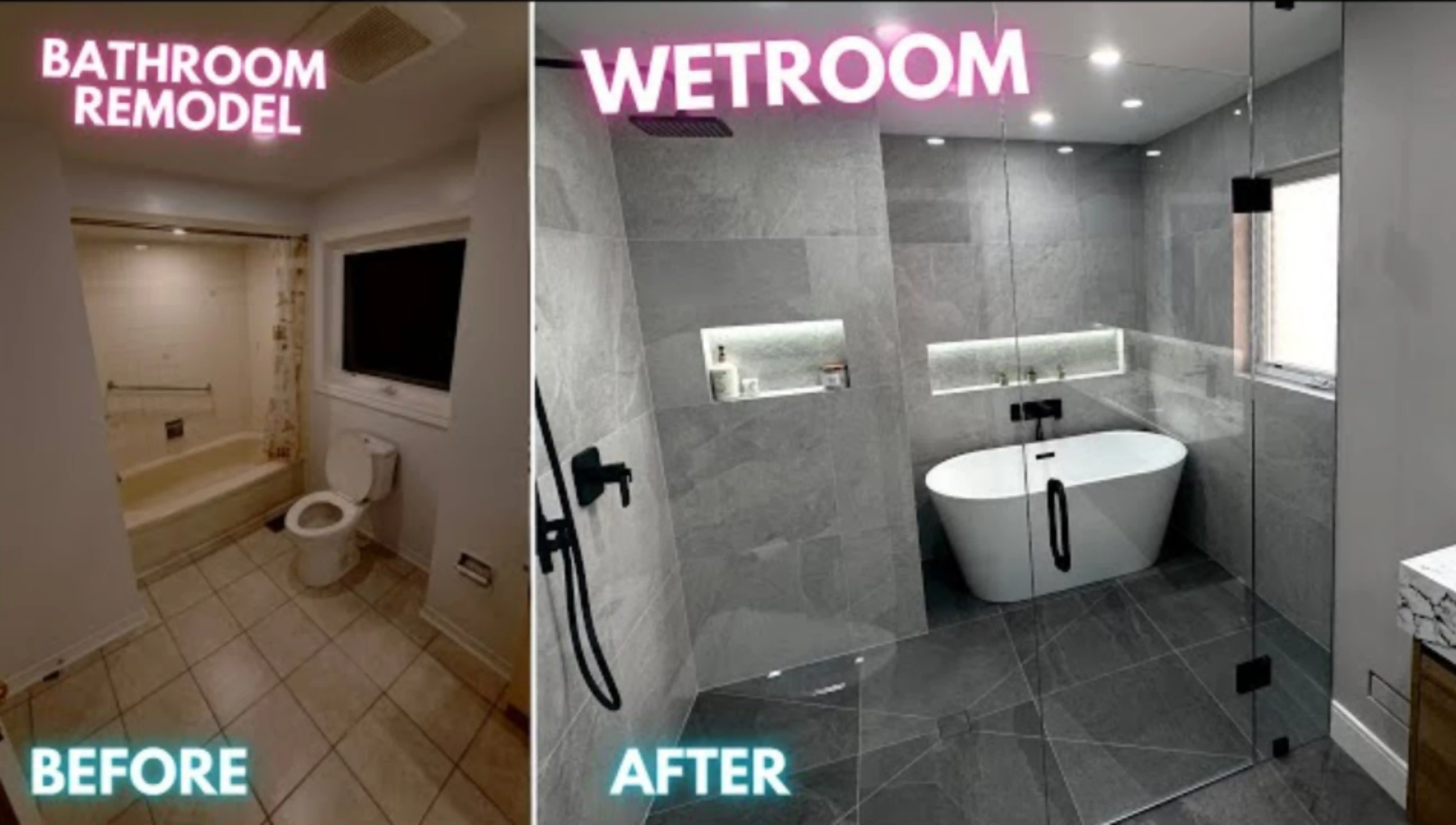Before and after tub to shower conversion in Conroe TX showing outdated bathtub replaced with modern walk-in wetroom shower